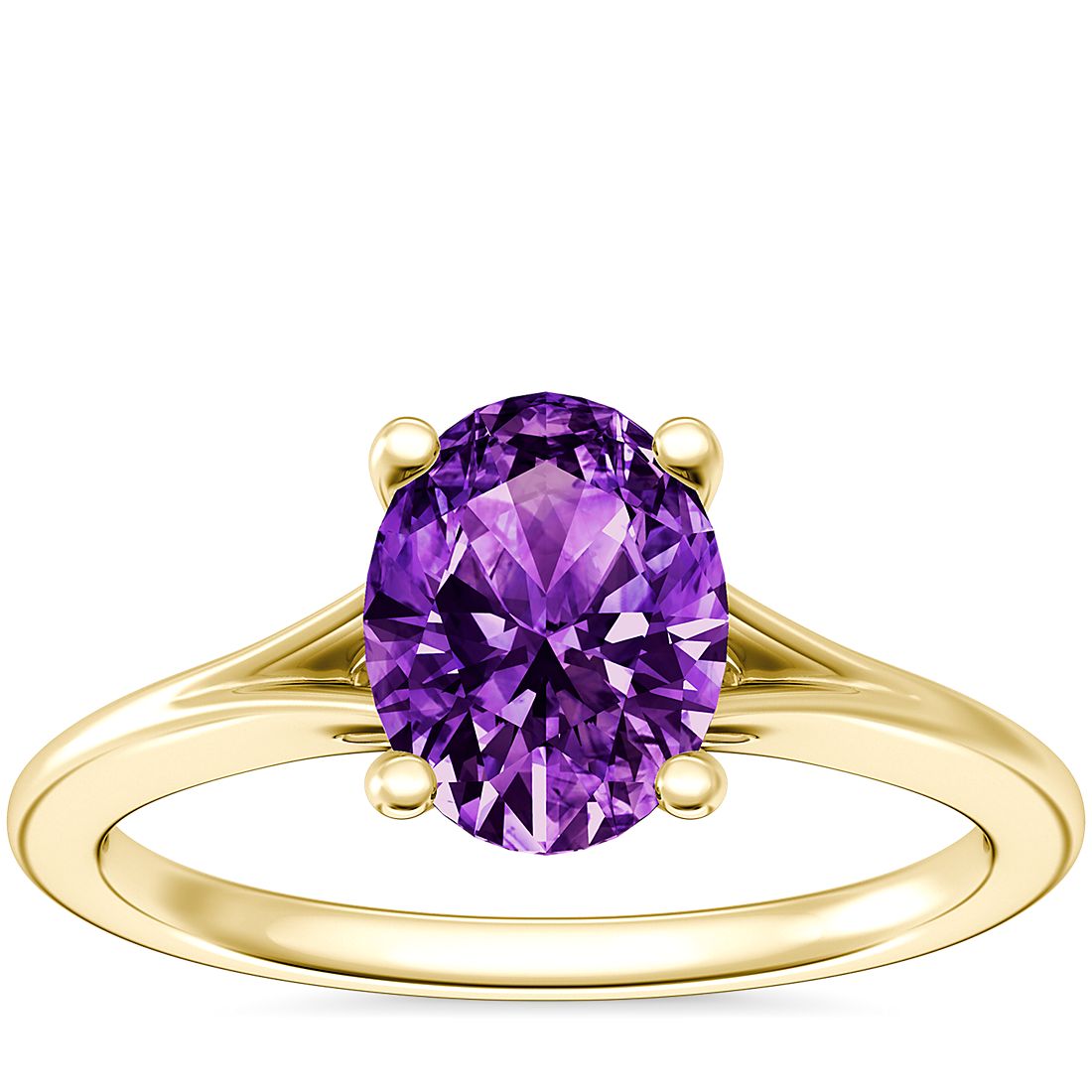 Petite Split Shank Solitaire Engagement Ring with Oval Amethyst in 18k Yellow Gold (8x6mm)