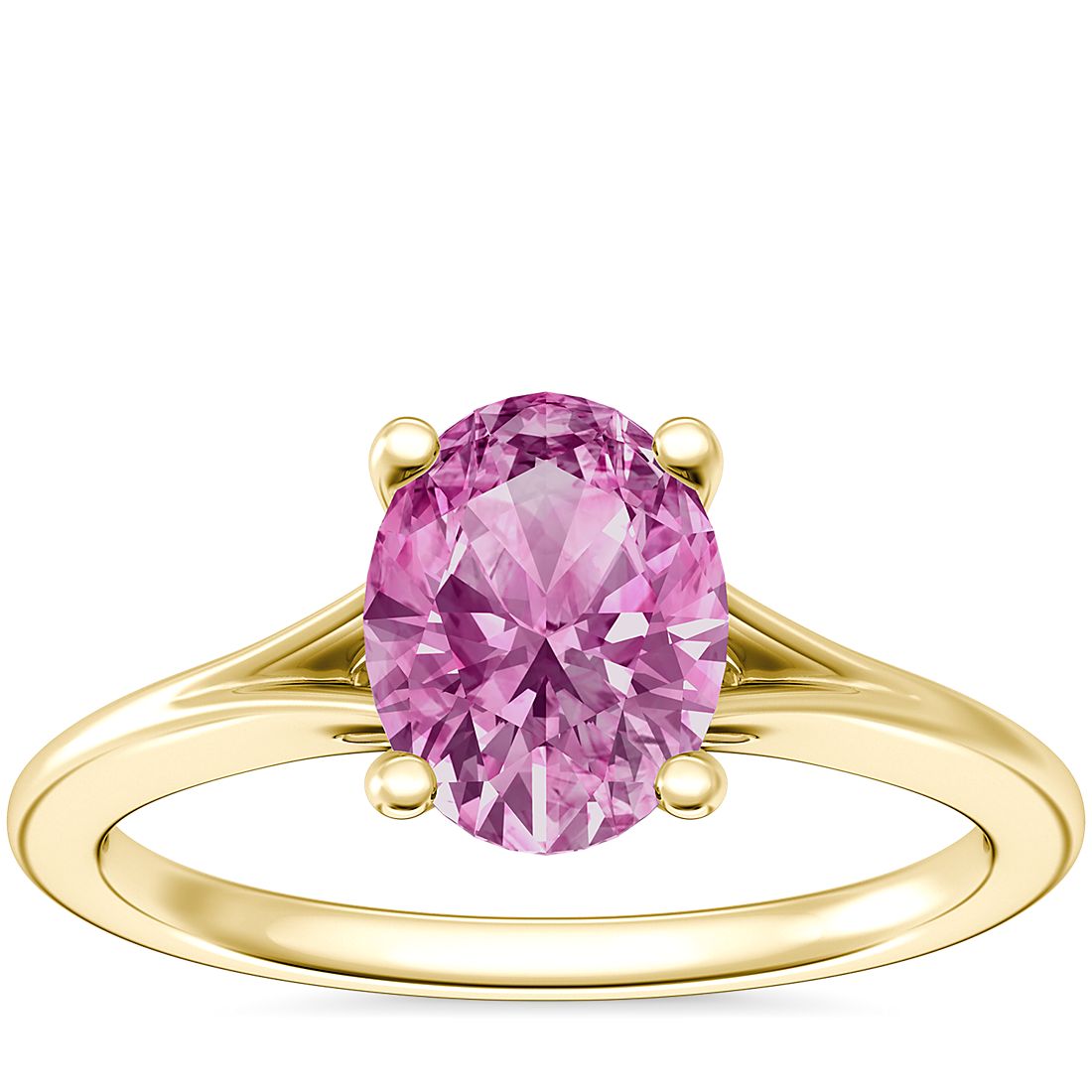 Petite Split Shank Solitaire Engagement Ring with Oval Pink Sapphire in 18k Yellow Gold (8x6mm)