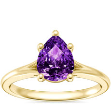 NEW Petite Split Shank Solitaire Engagement Ring with Pear-Shaped Amethyst in 14k Yellow Gold (8x6mm)