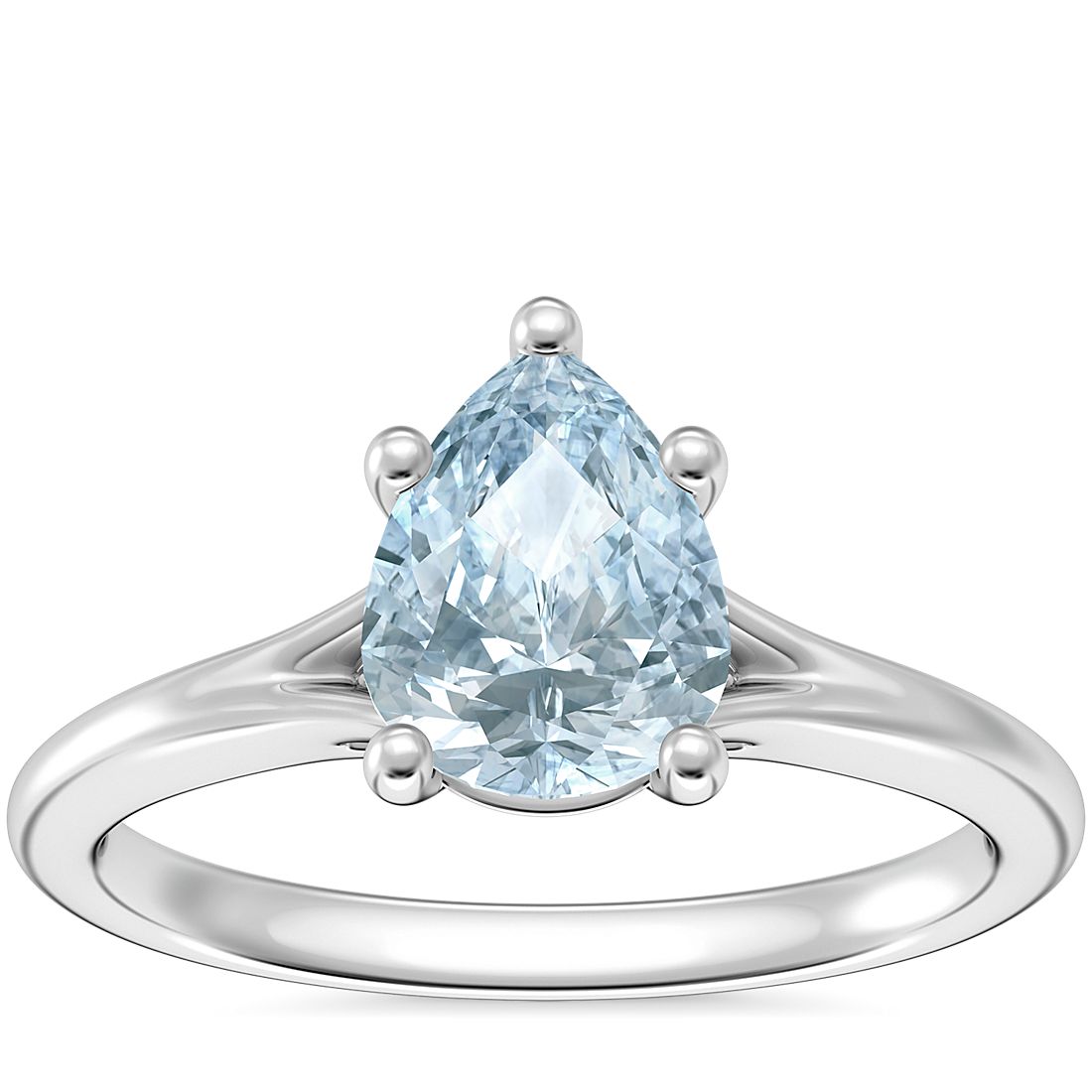 Petite Split Shank Solitaire Engagement Ring with Pear-Shaped Aquamarine in 18k White Gold (8x6mm)