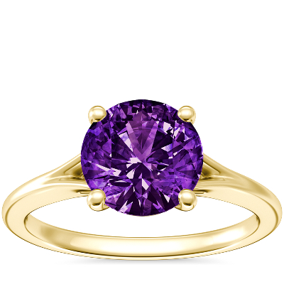Petite Split Shank Solitaire Engagement Ring with Round Amethyst in 14k ...