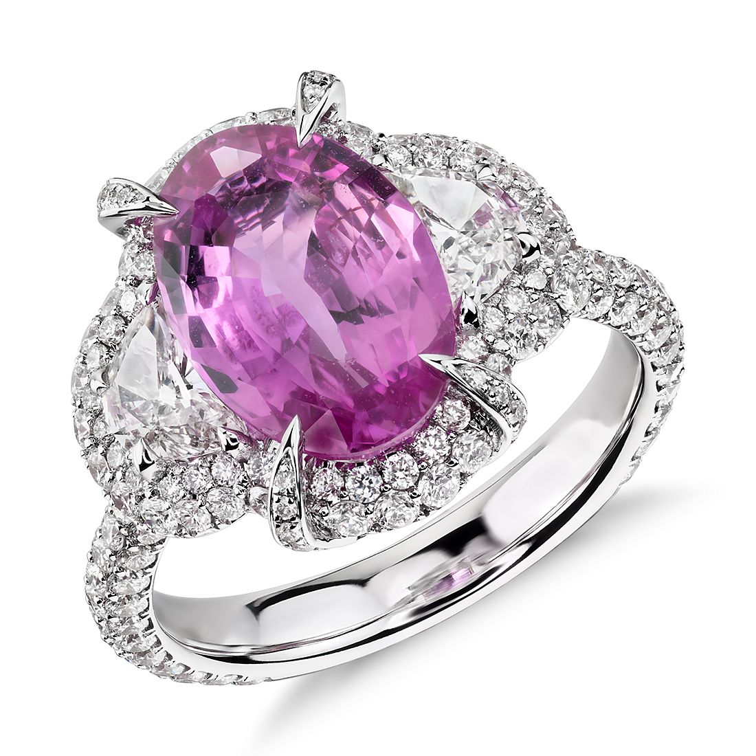 Pink Sapphire and Diamond Halo Ring in 18k White Gold (3.44 ct. center)
