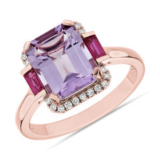 14k 玫瑰金法國玫瑰紫水晶與紅寶石八角形戒指