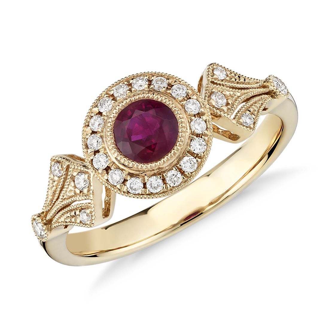Ruby and Diamond Vintage-Inspired Milgrain Ring in 14k Yellow Gold (4mm)