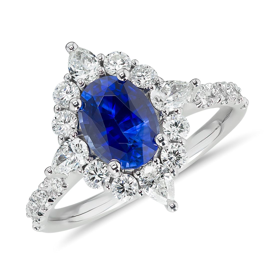 Sapphire and Diamond Halo Star Ring in 18k White Gold (1.54 ct. tw ...