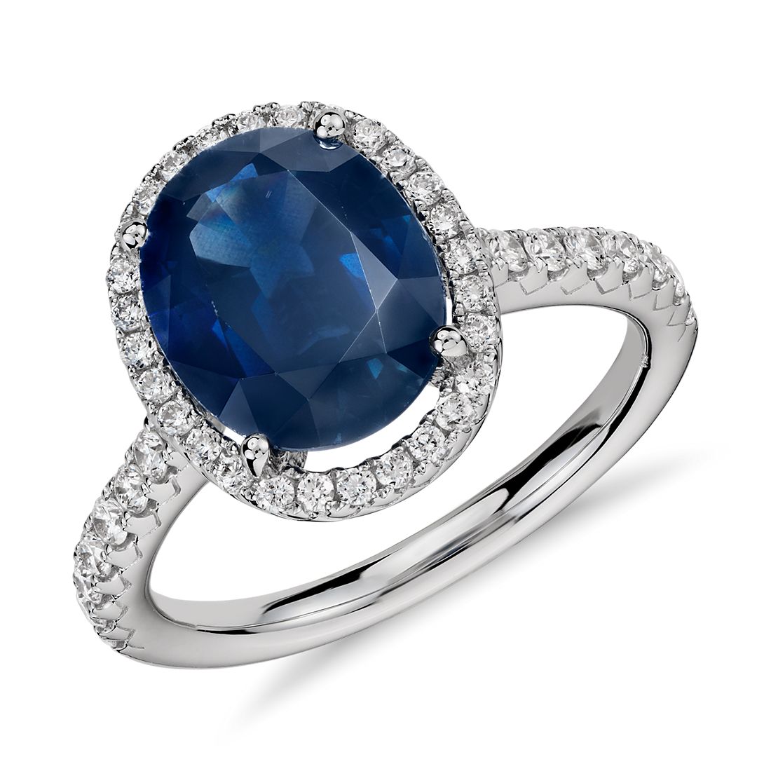 Oval Sapphire and Diamond Halo Micropavé Ring in 18k White Gold (10x8mm)