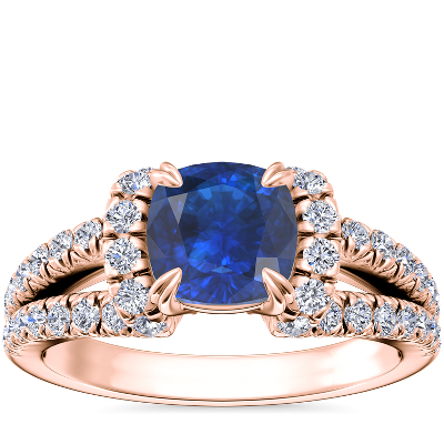 Split Semi Halo Diamond Engagement Ring with Cushion Sapphire in 14k ...