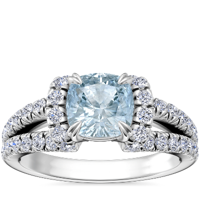 Split Semi Halo Diamond Engagement Ring with Cushion Aquamarine in 14k ...