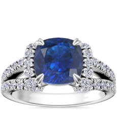 NEW Split Semi Halo Diamond Engagement Ring with Cushion Sapphire in 14k White Gold (8mm)