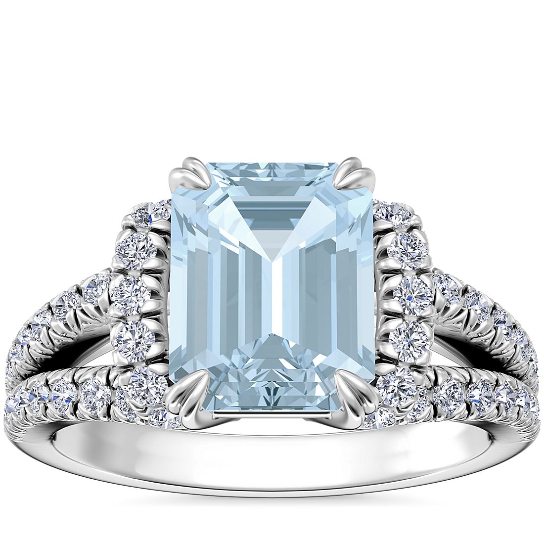 Split Semi Halo Diamond Engagement Ring with Emerald-Cut Aquamarine in 14k White Gold (9x7mm)