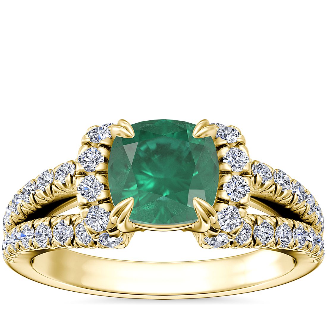 Split Semi Halo Diamond Engagement Ring with Cushion Emerald in 14k Yellow Gold (6.5mm)