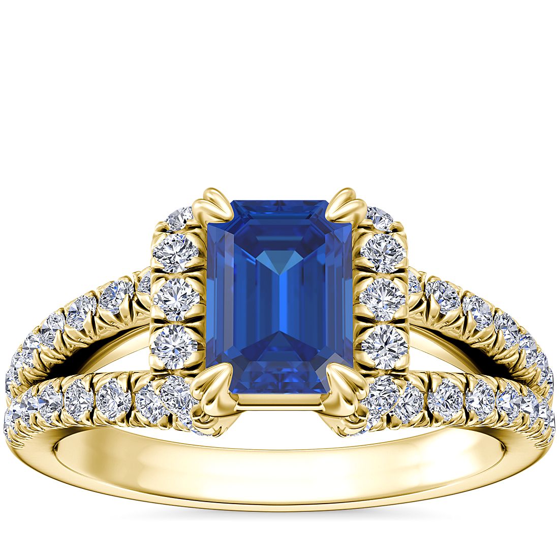 Split Semi Halo Diamond Engagement Ring with Emerald-Cut Sapphire in 14k Yellow Gold (7x5mm)