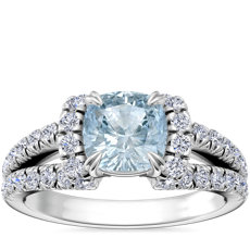 鉑金分岔戒環半光環鑽石訂婚戒指搭墊形海藍寶石（6.5 毫米）