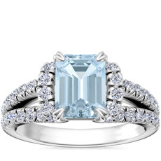 鉑金分岔戒環半光環鑽石訂婚戒指搭綠寶石形海藍寶石（8x6 毫米）
