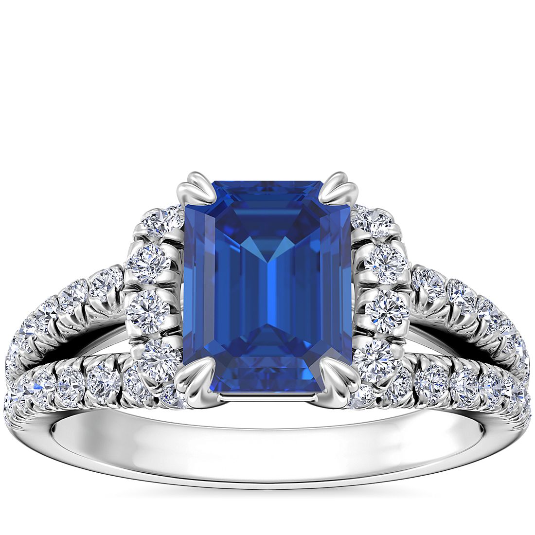 Split Semi Halo Diamond Engagement Ring with Emerald-Cut Sapphire in Platinum (8x6mm)