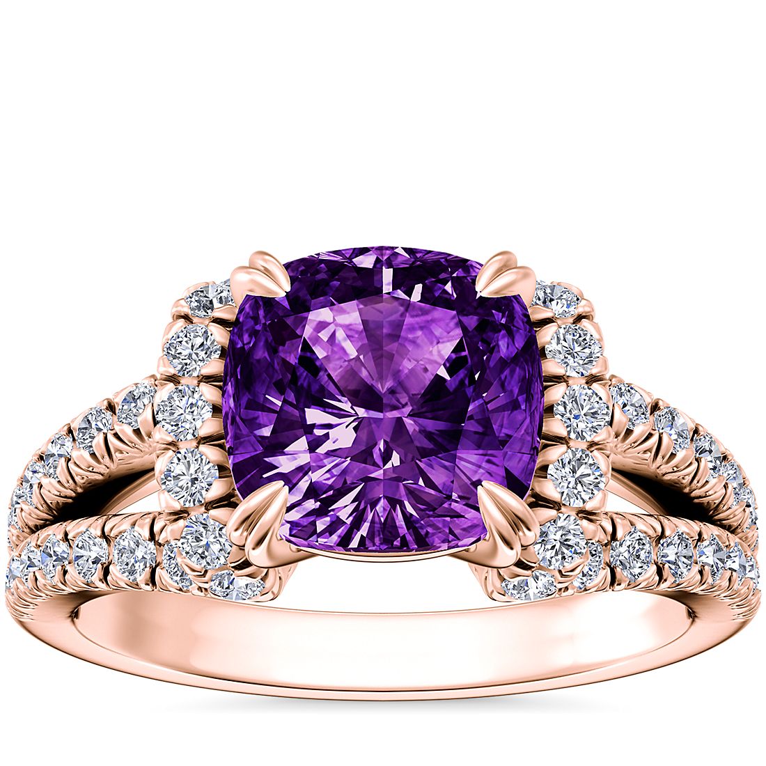 Split Semi Halo Diamond Engagement Ring with Cushion Amethyst in 14k Rose Gold (8mm)