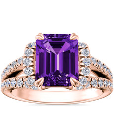 Split Semi Halo Diamond Engagement Ring with Emerald-Cut Amethyst in 14k Rose Gold (9x7mm)