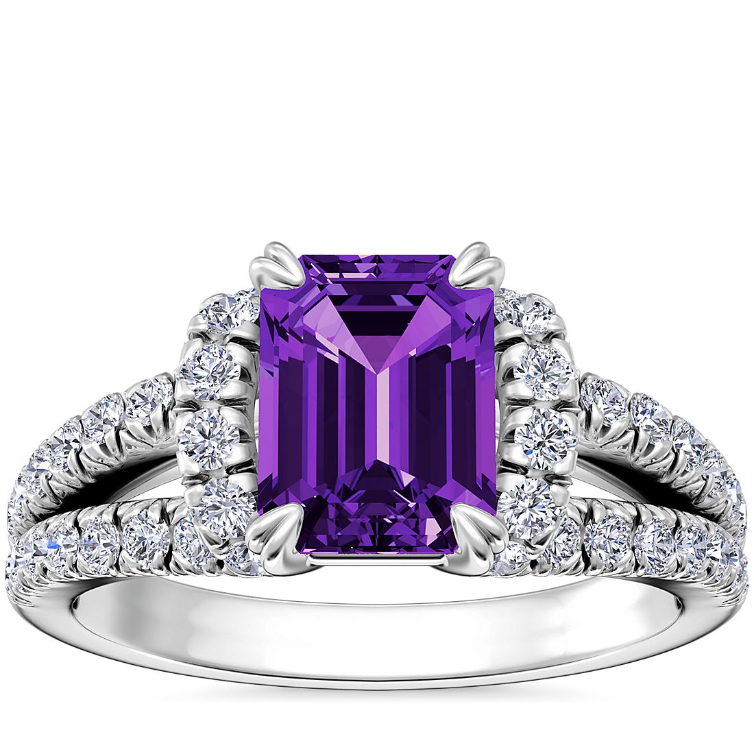Fabel Verschuiving Observatie Split Semi Halo Diamond Engagement Ring with Emerald-Cut Amethyst in 14k  White Gold (8x6mm) | Blue Nile