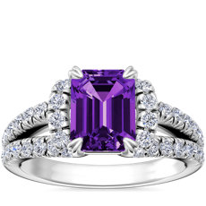 14k 白金祖母绿切割紫水晶分岔半光环钻石订婚戒指（8x6 毫米）