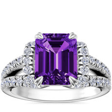 Split Semi Halo Diamond Engagement Ring with Emerald-Cut Amethyst in 14k White Gold (9x7mm)