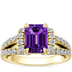 新款 14k 黃金分岔戒環半光環鑽石訂婚戒指搭綠寶石形紫水晶 （8x6 毫米）