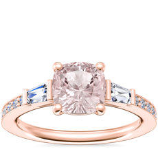 Tapered Baguette Diamond Cathedral Engagement Ring with Cushion Morganite in 14k Rose Gold (6.5mm)