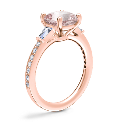 Tapered Baguette Diamond Cathedral Engagement Ring with Cushion Morganite in 14k Rose Gold (8mm)