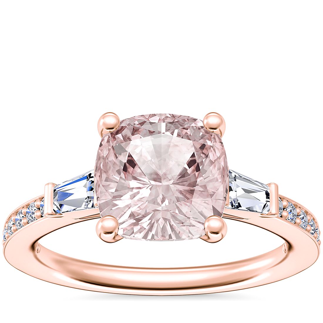 Tapered Baguette Diamond Cathedral Engagement Ring with Cushion Morganite in 14k Rose Gold (8mm)