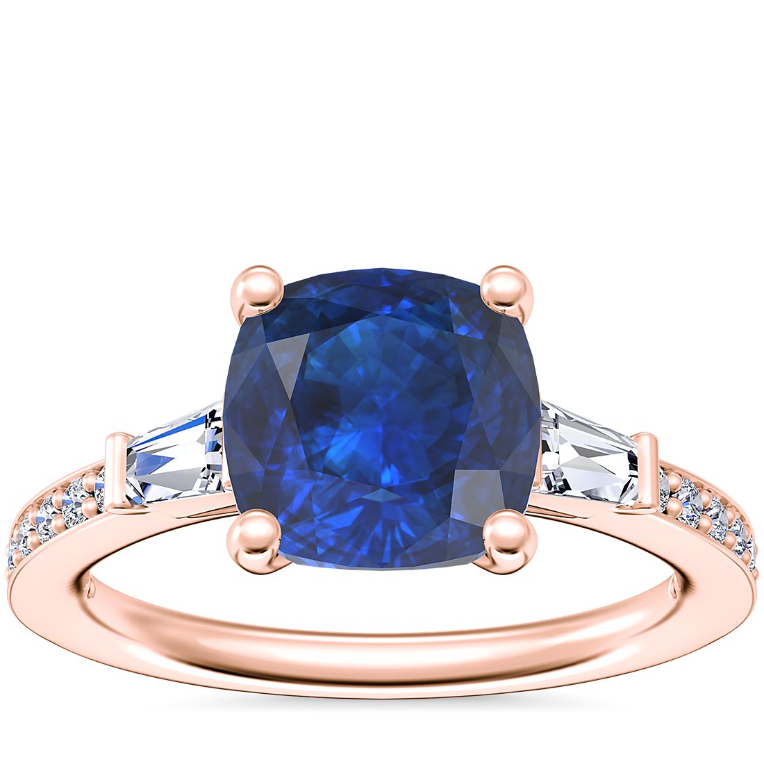 Tapered Baguette Diamond Cathedral Engagement Ring with Cushion Sapphire in 14k Rose Gold (8mm)