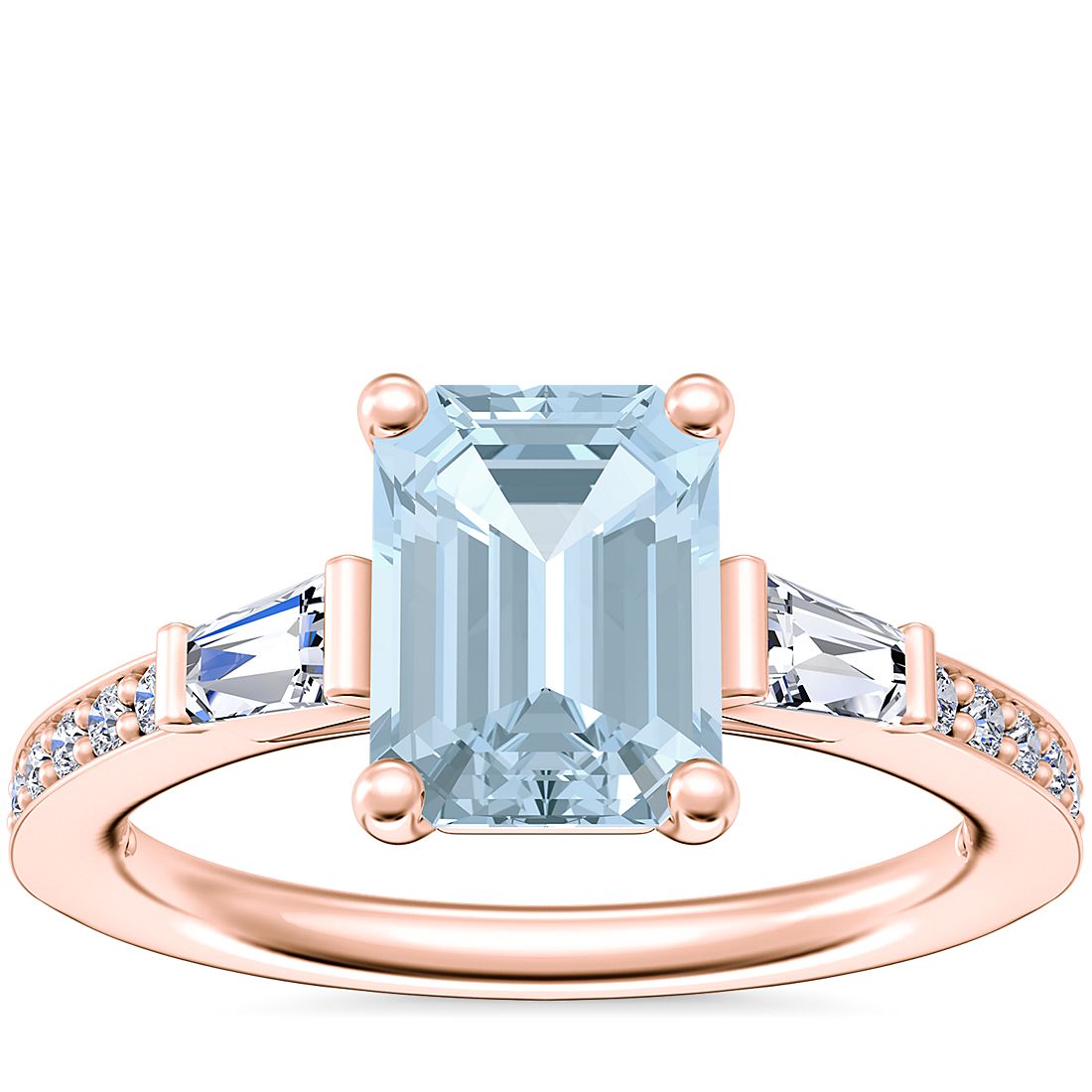 Tapered Baguette Diamond Cathedral Engagement Ring with Emerald-Cut Aquamarine in 14k Rose Gold (8x6mm)