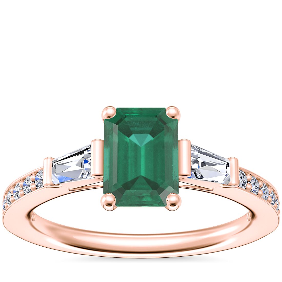 Tapered Baguette Diamond Cathedral Engagement Ring with Emerald-Cut Emerald in 14k Rose Gold (7x5mm)