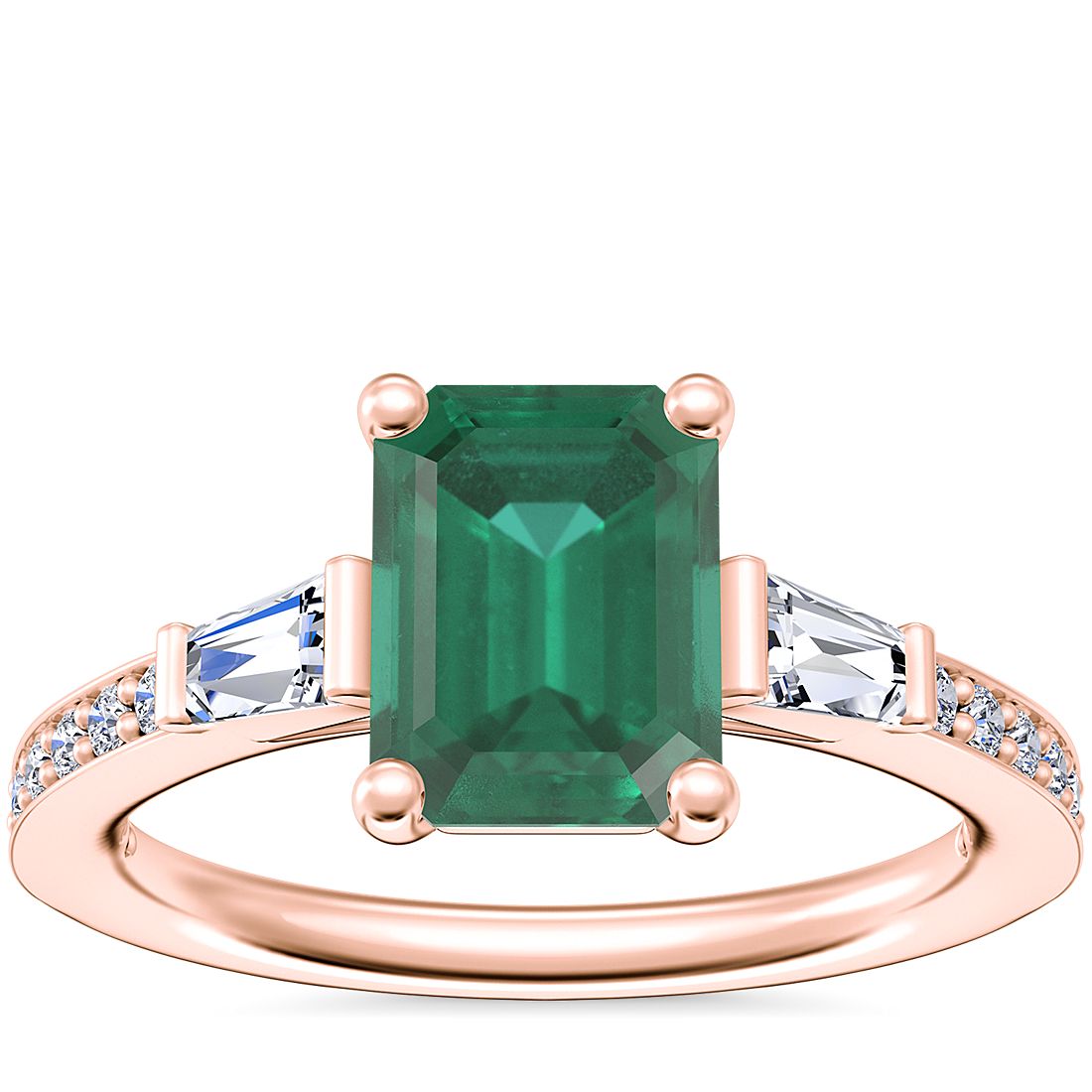 Tapered Baguette Diamond Cathedral Engagement Ring with Emerald-Cut Emerald in 14k Rose Gold (8x6mm)