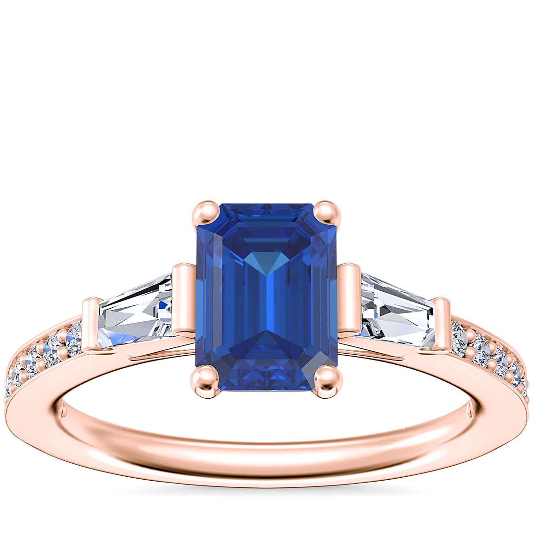Tapered Baguette Diamond Cathedral Engagement Ring with Emerald-Cut Sapphire in 14k Rose Gold (7x5mm)