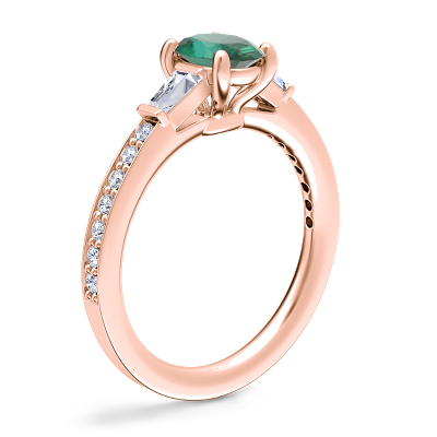 Tapered Baguette Diamond Cathedral Engagement Ring with Oval Emerald in 14k Rose Gold (7x5mm)