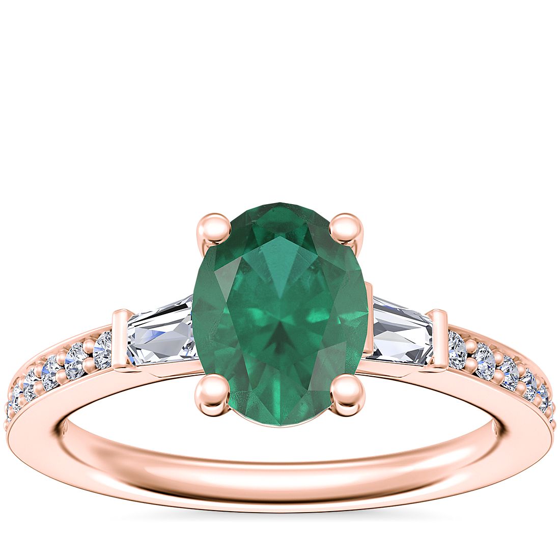 Tapered Baguette Diamond Cathedral Engagement Ring with Oval Emerald in 14k Rose Gold (8x6mm)