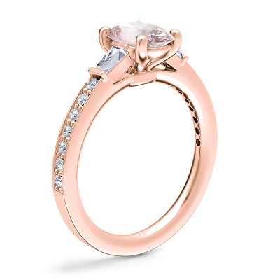 Tapered Baguette Diamond Cathedral Engagement Ring with Oval Morganite in 14k Rose Gold (8x6mm)