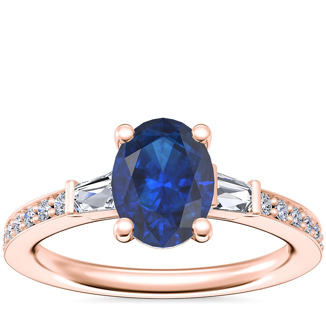 Tapered Baguette Diamond Cathedral Engagement Ring with Oval Sapphire in 14k Rose Gold (8x6mm)