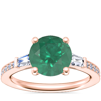 Tapered Baguette Diamond Cathedral Engagement Ringwith Round Emerald in ...