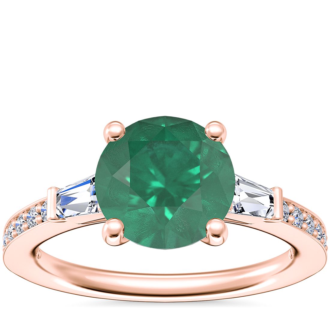 Tapered Baguette Diamond Cathedral Engagement Ringwith Round Emerald in 14k Rose Gold (8mm)