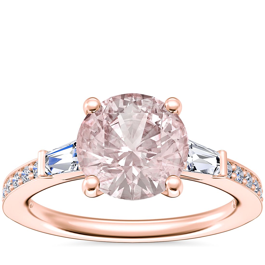 Anillo de compromiso de diseño catedral con diamantes cónicos de talla baguette y morganita redonda en oro rosado de 14 k (8 mm)