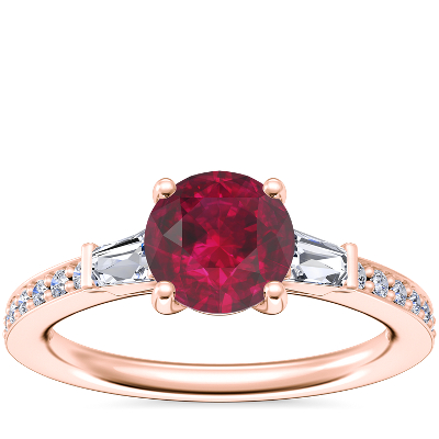 Tapered Baguette Diamond Cathedral Engagement Ring with Round Ruby in ...