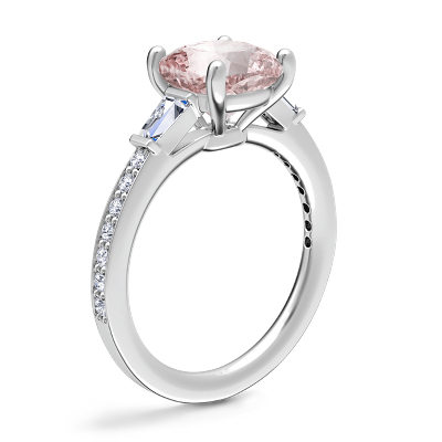Tapered Baguette Diamond Cathedral Engagement Ring with Cushion Morganite in 14k White Gold (8mm)