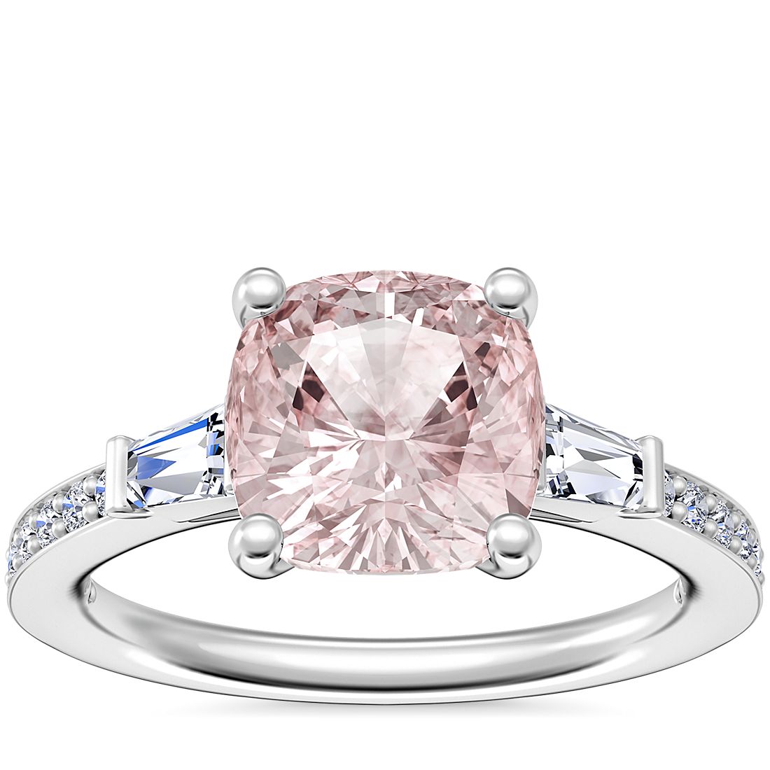 Tapered Baguette Diamond Cathedral Engagement Ring with Cushion Morganite in 14k White Gold (8mm)