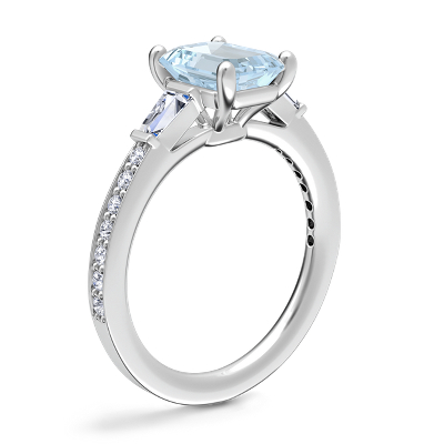 Tapered Baguette Diamond Cathedral Engagement Ring with Emerald-Cut Aquamarine in 14k White Gold (8x6mm)