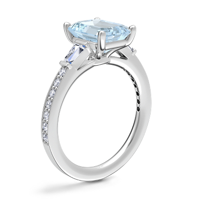 Tapered Baguette Diamond Cathedral Engagement Ring with Emerald-Cut Aquamarine in 14k White Gold (9x7mm)