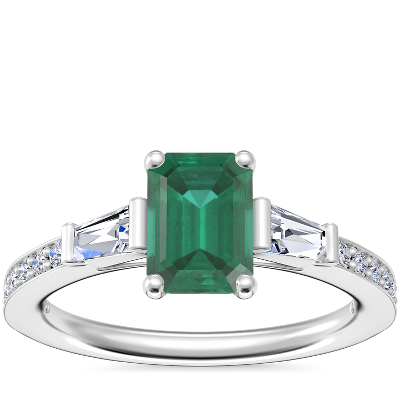 Tapered Baguette Diamond Cathedral Engagement Ring with EmeraldCut Emerald in 14k White Gold