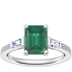 Tapered Baguette Diamond Cathedral Engagement Ring with Emerald-Cut Emerald in 14k White Gold (8x6mm)