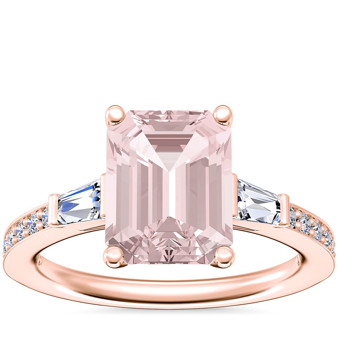 Anillo de compromiso de diseño catedral con diamantes cónicos de talla baguette y morganita de talla esmeralda en oro rosado de 14 k (9x7 mm)