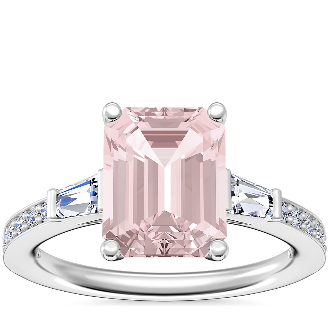 Tapered Baguette Diamond Cathedral Engagement Ring with Emerald-Cut Morganite in Platinum (9x7mm)
