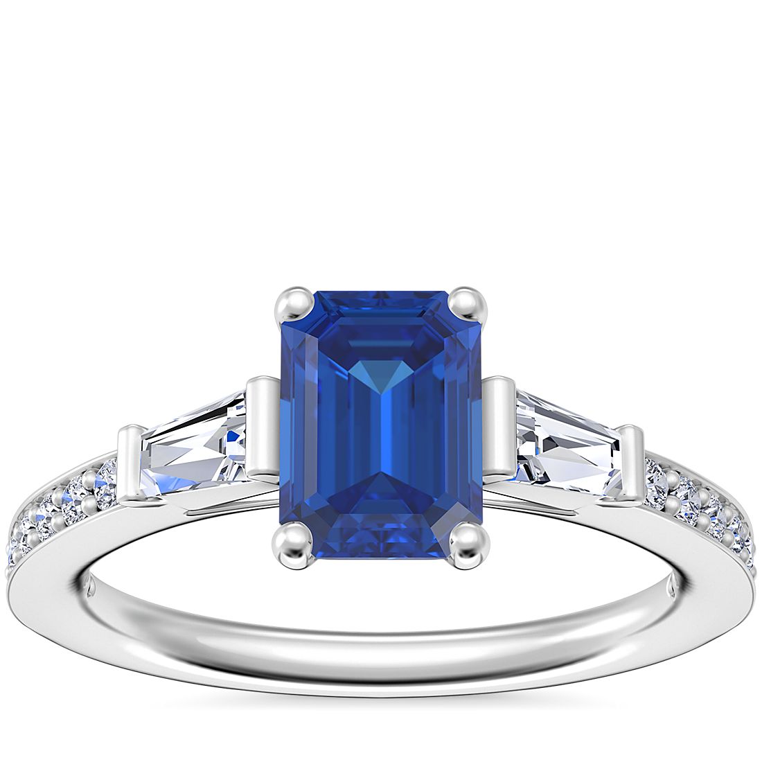 Tapered Baguette Diamond Cathedral Engagement Ring with Emerald-Cut Sapphire in 14k White Gold (7x5mm)